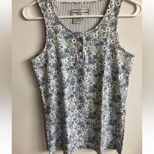 VTG Adrienne Vittadini Sport Floral Blue Button Down Tank Top Size S